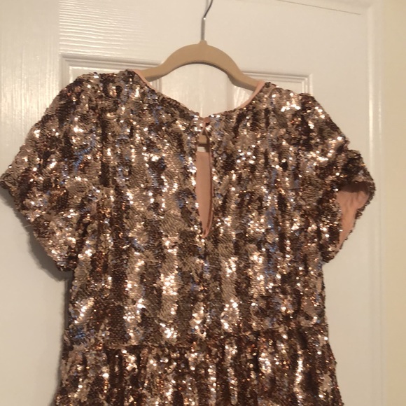 ANTHROPOLOGIE "Maeve" Rose Gold Sequin Tiered Midi Dress - Picture 11 of 12
